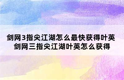 剑网3指尖江湖怎么最快获得叶英 剑网三指尖江湖叶英怎么获得